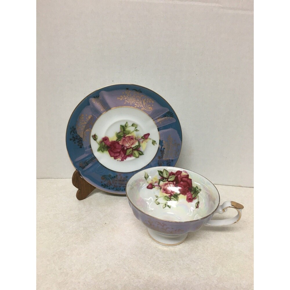Royal Halsey Very Fine Footed Tea Cup & Saucer Set Iridescent Blue Pink Roses